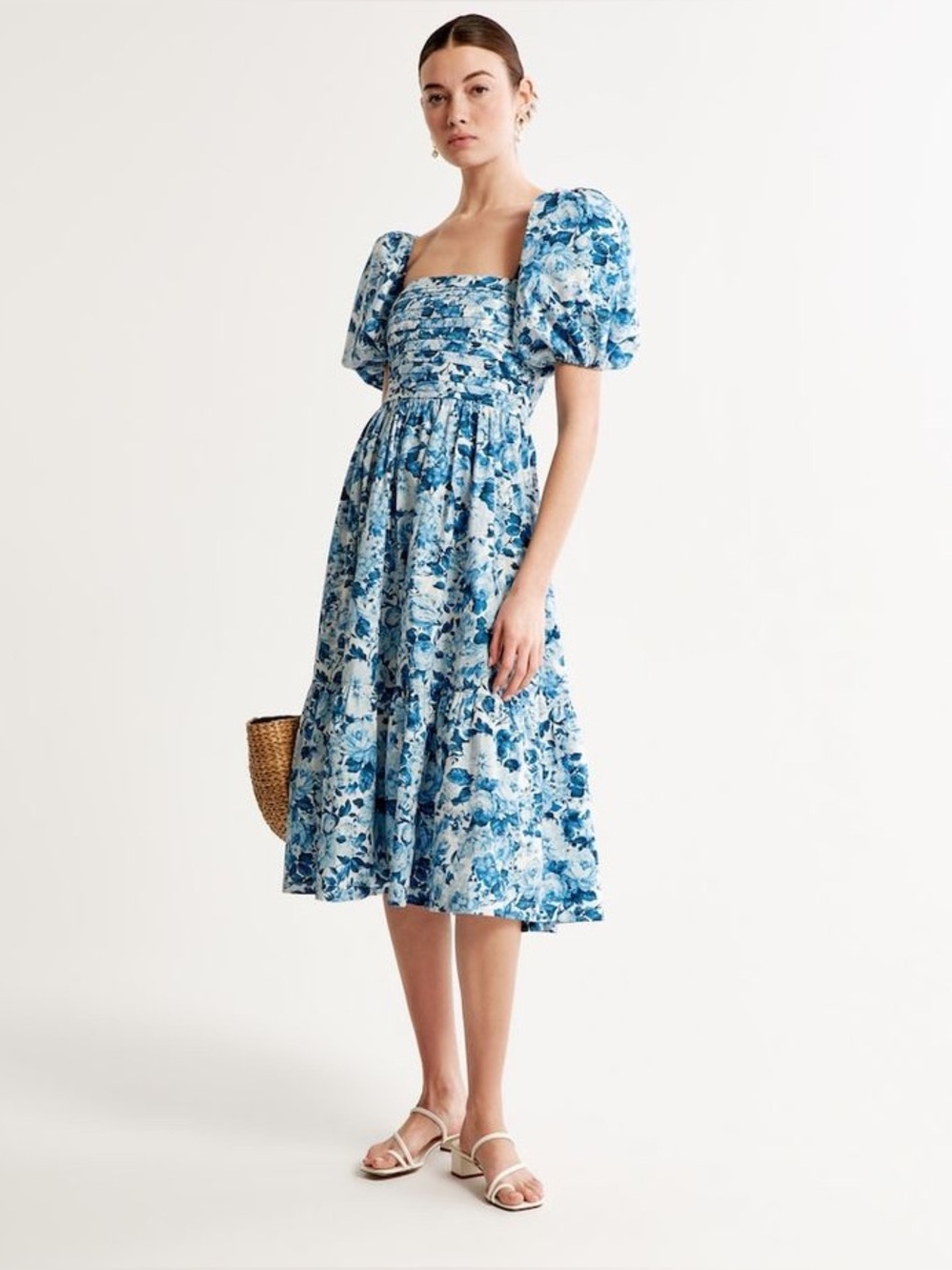 Abercrombie & Fitch Emerson Poplin Puff Sleeve Midi Dress Smocked Floral Print
